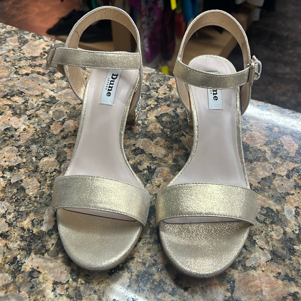Dune London Gold Block Heel Sandals Crystal Heel Size 39 US 8